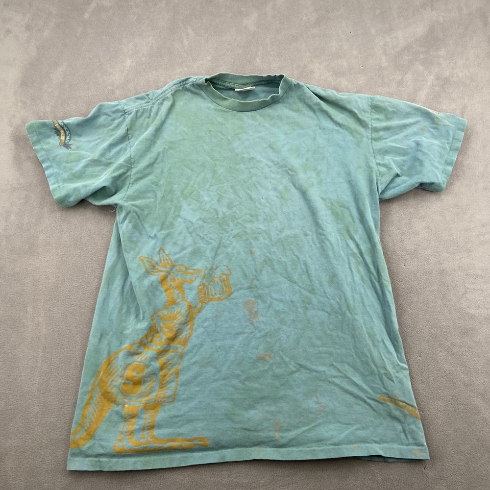 Vintage Oneita Southpaw Light Wraparound T Shirt Sz XL Teal kangaroo Graphic AOP